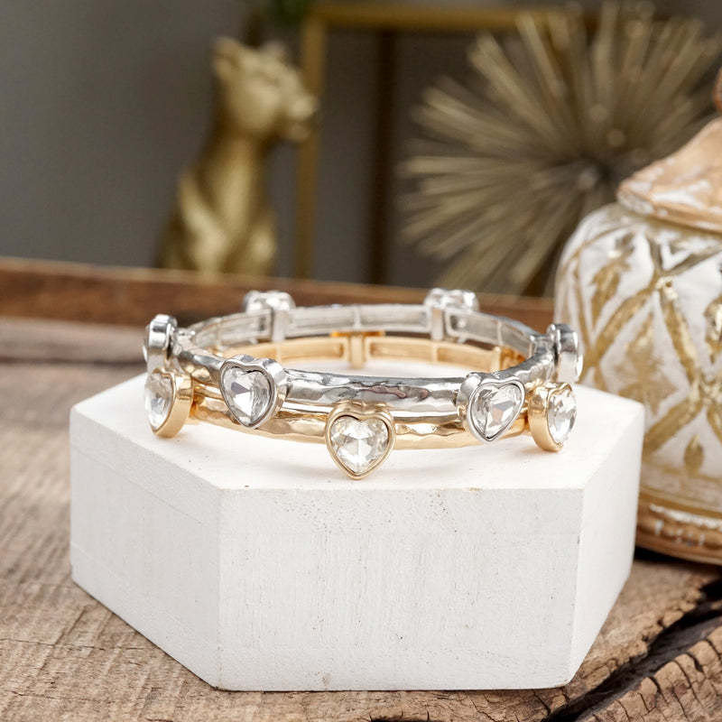Heart Faceted Crystals Stretchy Stackable Station Bangles – Gold & Silver Tone