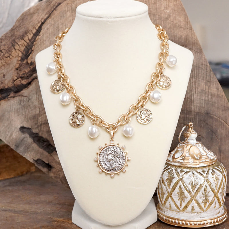 Boho Coin and Pearl Charms Statement Necklace – Gold and Silver Tone