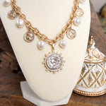 Boho Coin and Pearl Charms Statement Necklace – Gold and Silver Tone