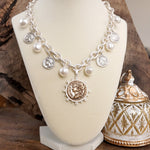 Boho Coin and Pearl Charms Statement Necklace – Gold and Silver Tone