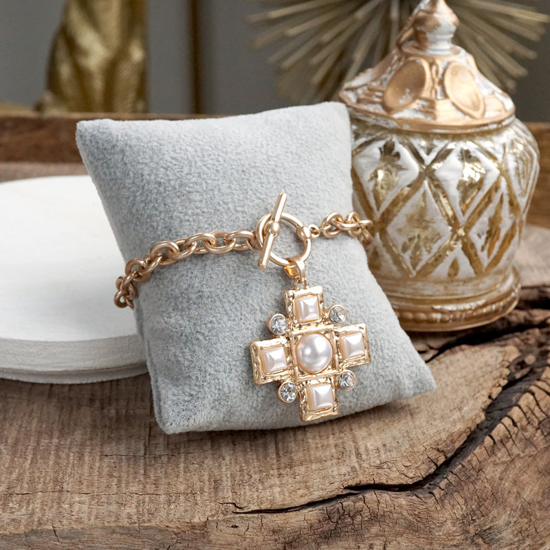 Heavenly Sparkle – Gold Cross Dangle Earrings with Pearls and Crystals