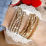 Beaded bracelets set golden cubes CCB stretchy Gold Silver Tone