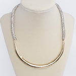 Crescent bar and Paved rope Statement Necklace Gold tone and clear crystals
