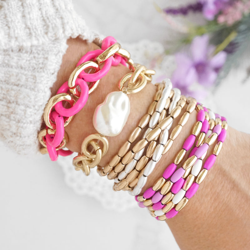 Metal Beaded bracelet stack 5 bracelets - Pinks