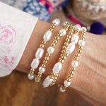 Pearl & Gold Beaded Stretch Bracelet Set – Set of 5