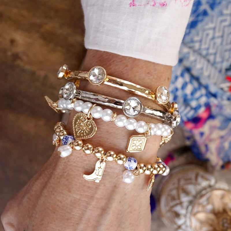 Charmed Harmony – Chinoiserie &amp; Gold Multi-Charm Stretch Bracelet