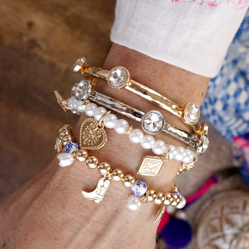 Charmed Harmony – Chinoiserie &amp; Gold Multi-Charm Stretch Bracelet