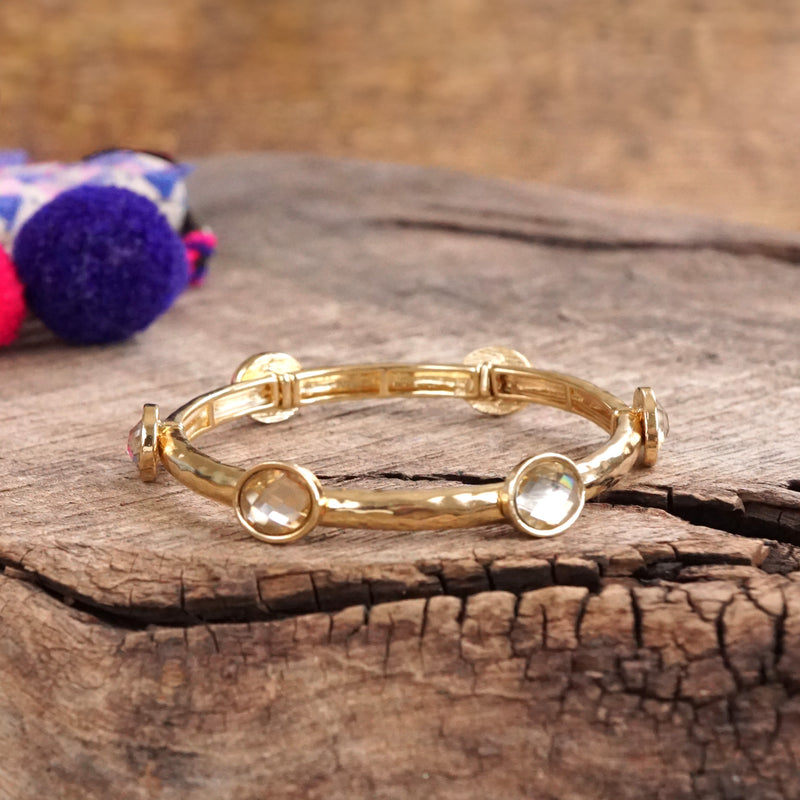 Jeweled Golden Bangle - with Faceted glass oval colorful jewels