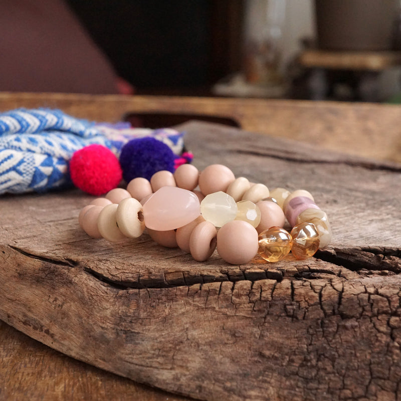 Chunky Beaded Bracelets set in Mute Pink Wooden Acrylic and Glass beads