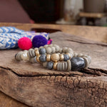 Chunky Beaded Bracelets set Wood Acrylic Metal beads Grey