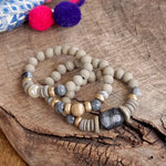 Chunky Beaded Bracelets set Wood Acrylic Metal beads Grey