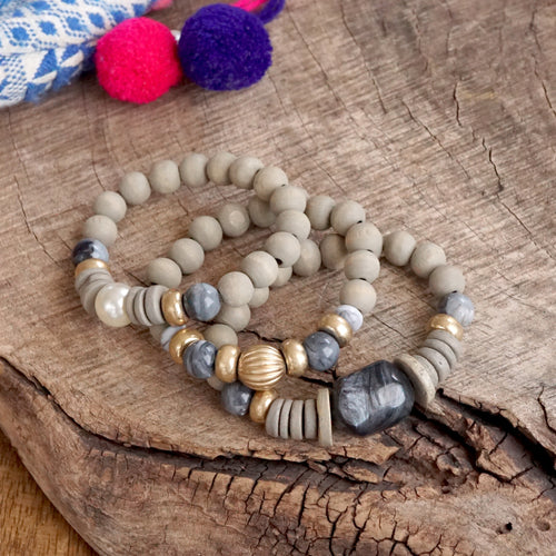 Chunky Beaded Bracelets set Wood Acrylic Metal beads Grey