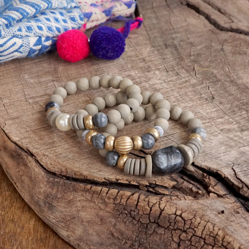 Chunky Beaded Bracelets set Wood Acrylic Metal beads Grey