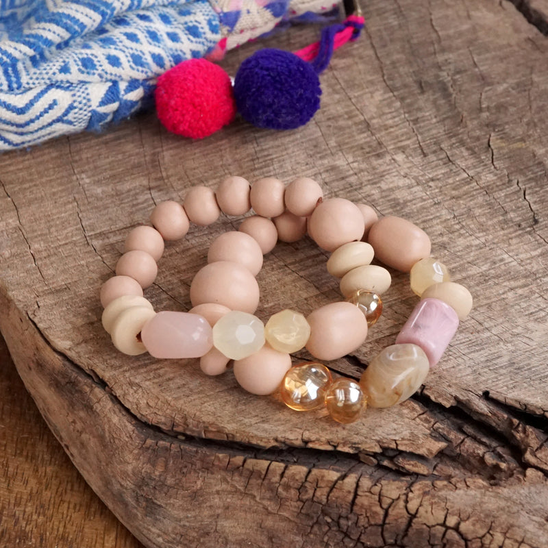 Chunky Beaded Bracelets set in Mute Pink Wooden Acrylic and Glass beads