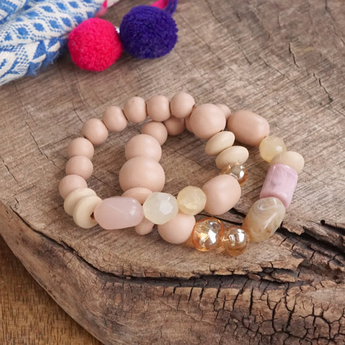 Chunky Beaded Bracelets set in Mute Pink Wooden Acrylic and Glass beads