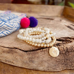 Beaded Bracelets set Gold Coin Sparkly Ivory Off White Glass Metal beads