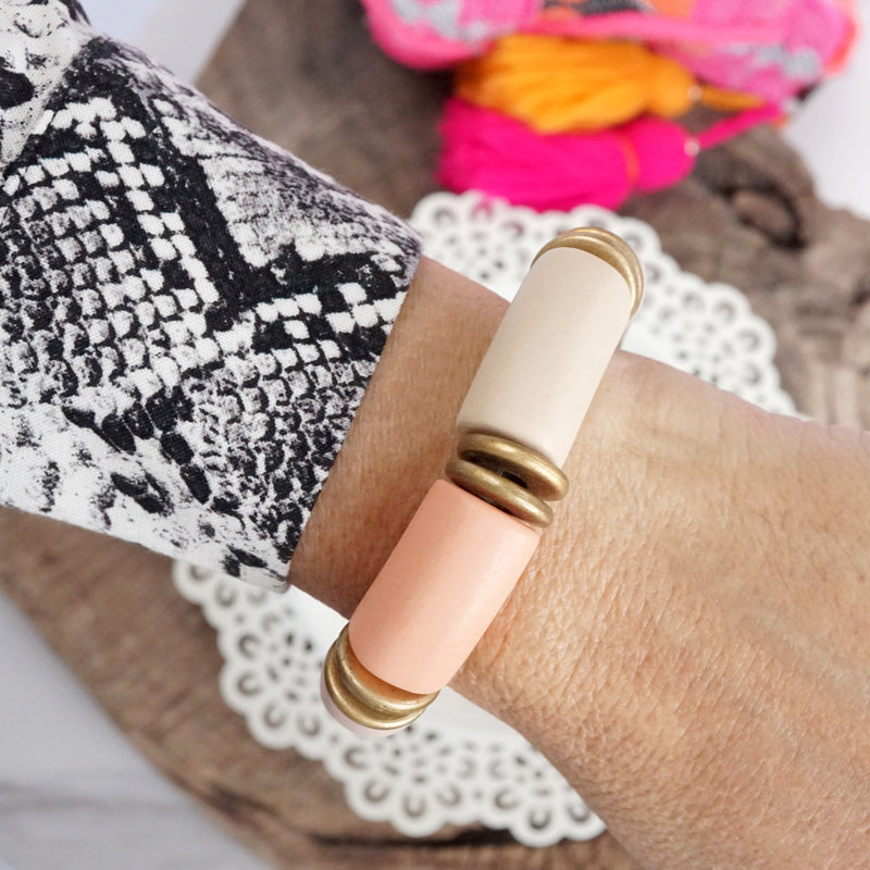 Chunky Beaded Tube Bracelet in Taupe Pinks Wooden and Golden beads