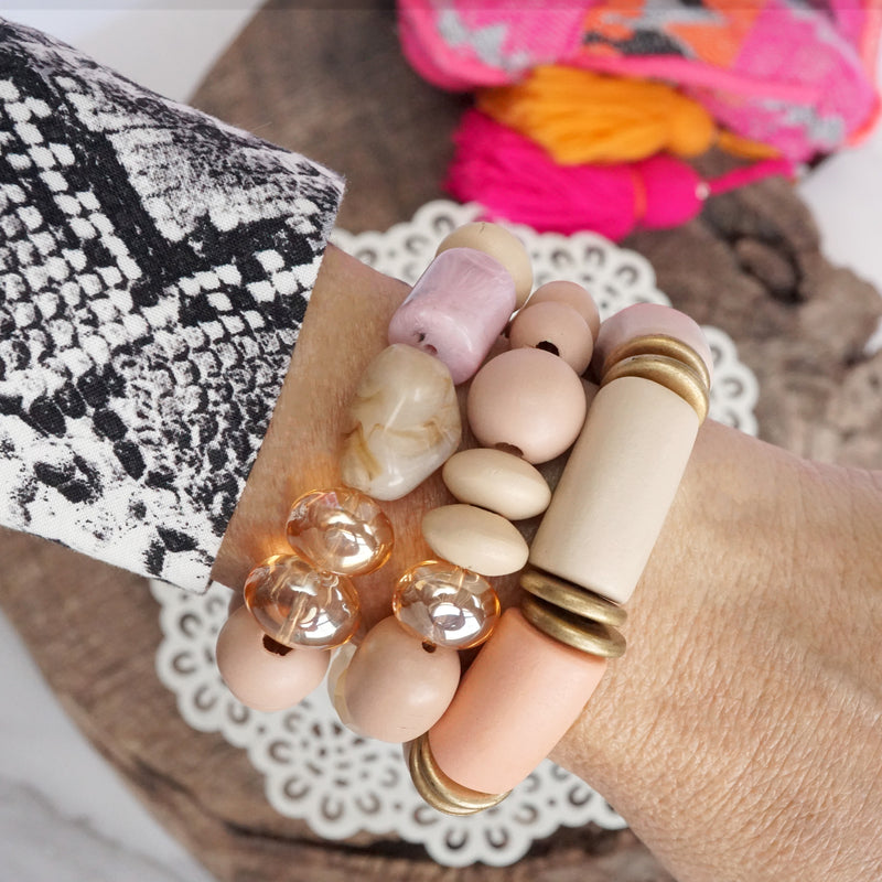 Chunky Beaded Tube Bracelet in Taupe Pinks Wooden and Golden beads