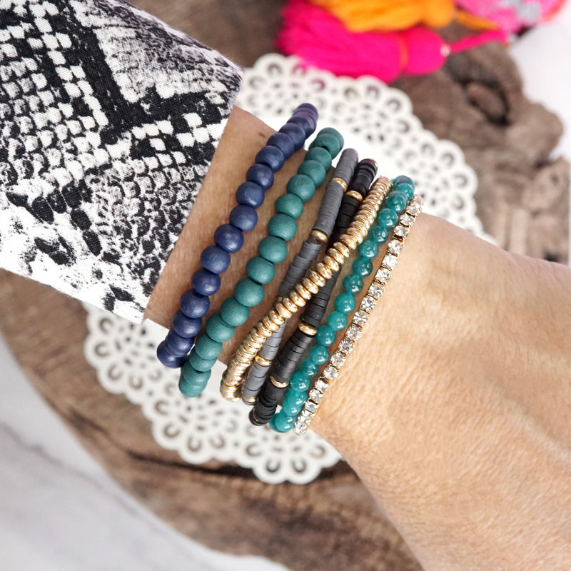 Beaded Bracelets stack of 7 in Navy Blue Green Teal