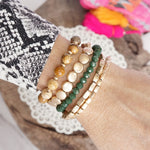 5 piece Boho Bracelet Stack Green Brown and worn gold tone