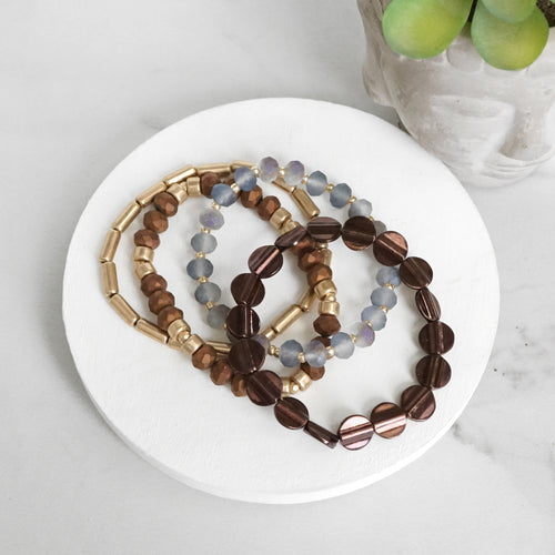 Boho Bracelet Set in Brown Grey and worn gold tone