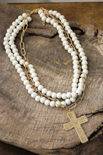 Multi Strand Wood Beads Short Statement Cross Necklace Cream