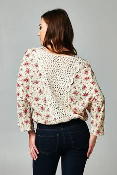 Bohemian Romantic Floral Top Long sleeves with Crochet Lace Back