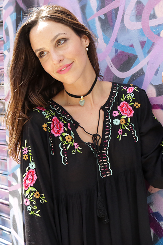 Embroidered Flowers Bohemian Mini Dress Black Tunic