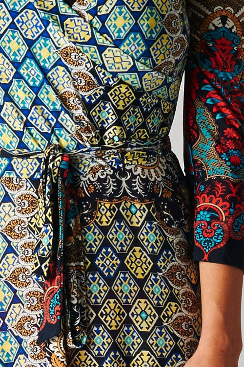 Bohemian Shifting Wrap Maxi Dress Moroccan Quatrefoil Print