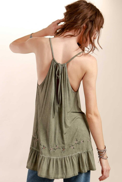 Floral embroidery tunic top with ruffle in Olive Green by POL