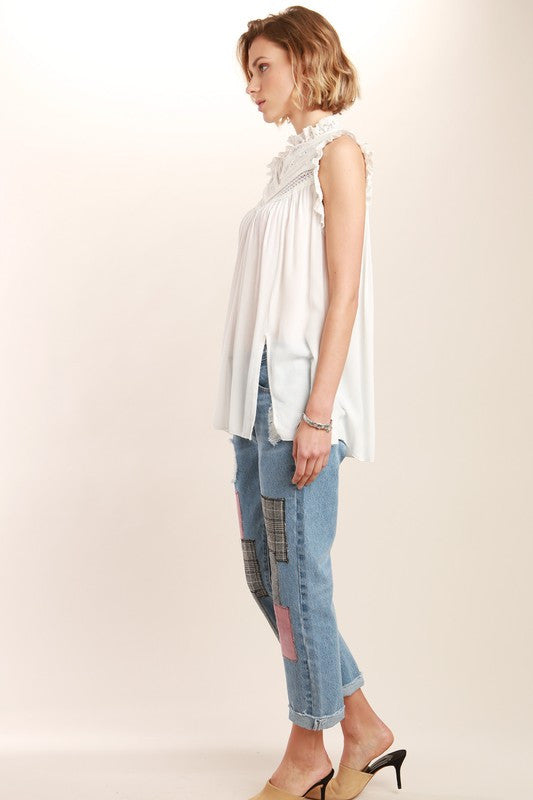 Victorian neck sleeveless Lace detailed top in Ivory By POL