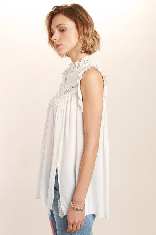 Victorian neck sleeveless Lace detailed top in Ivory By POL