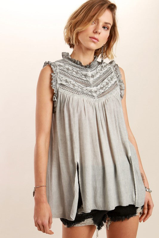 Victorian neck sleeveless Lace detailed top in Charcoal Gray By POL