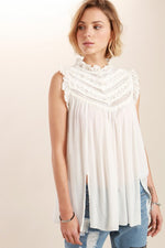 Victorian neck sleeveless Lace detailed top in Ivory By POL