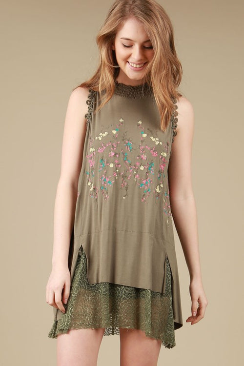 Embroidered Sleeveless Top Tunic Lace in Olive