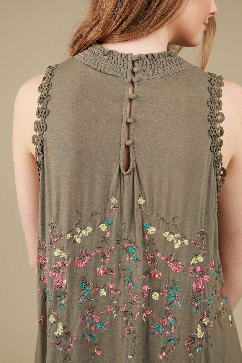 Embroidered Sleeveless Top Tunic Lace in Olive