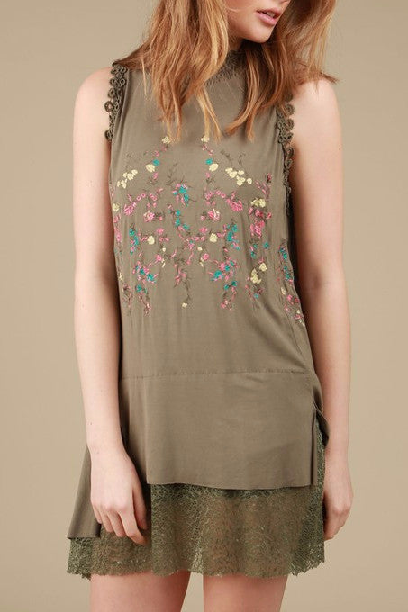 Embroidered Sleeveless Top Tunic Lace in Olive
