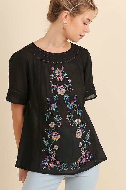 Short Sleeve Blouse Top with Floral Embroidery in Black