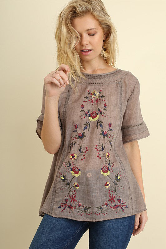 Short Sleeve Top with Floral Embroidery in Mocha