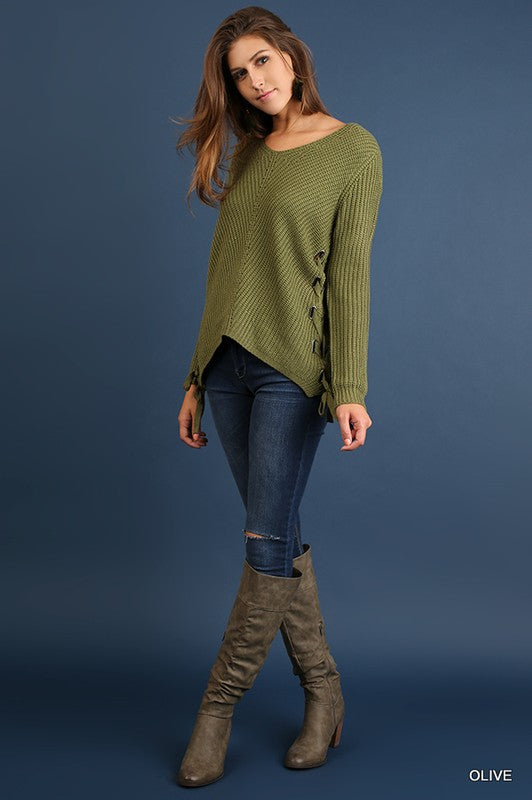 Fall Sweater Long Sleeve with Side Drawstrings - Olive