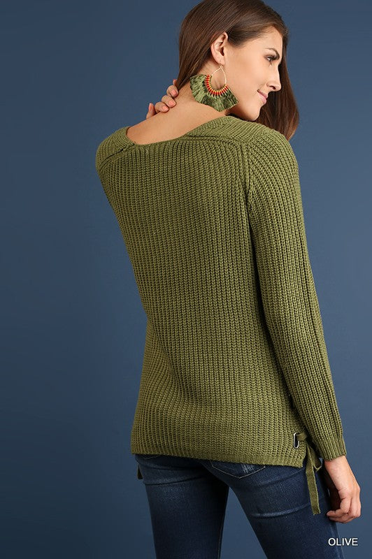 Fall Sweater Long Sleeve with Side Drawstrings - Olive