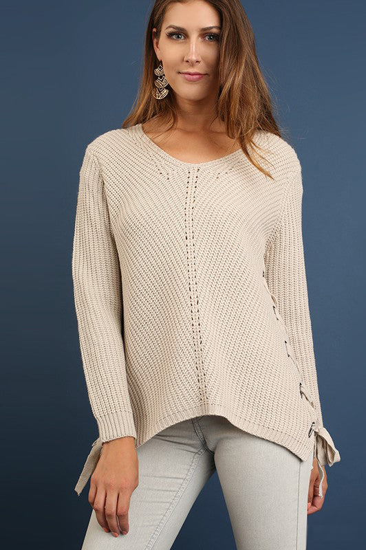 Fall Sweater Long Sleeve with Side Drawstrings - Ivory