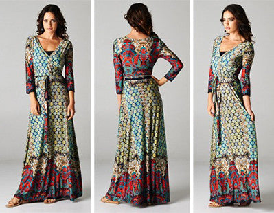 Bohemian Shifting Wrap Maxi Dress Moroccan Quatrefoil Print