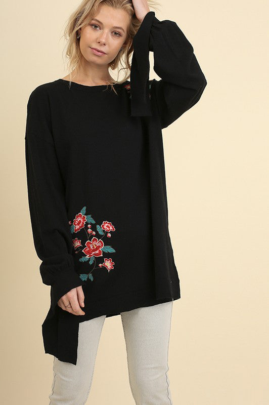 Floral Embroidered Sweater with Wrist Ties in Black