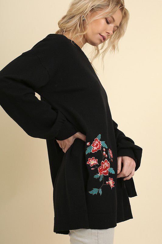 Floral Embroidered Sweater with Wrist Ties in Black