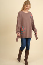 Floral Embroidered Sweater with Wrist Ties in Coffee