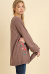 Floral Embroidered Sweater with Wrist Ties in Coffee