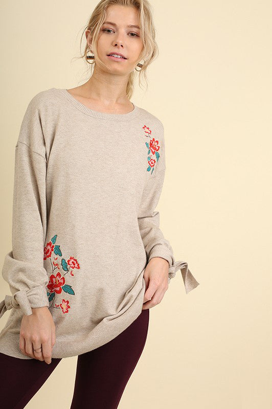 Floral Embroidered Sweater with Wrist Ties in Tan