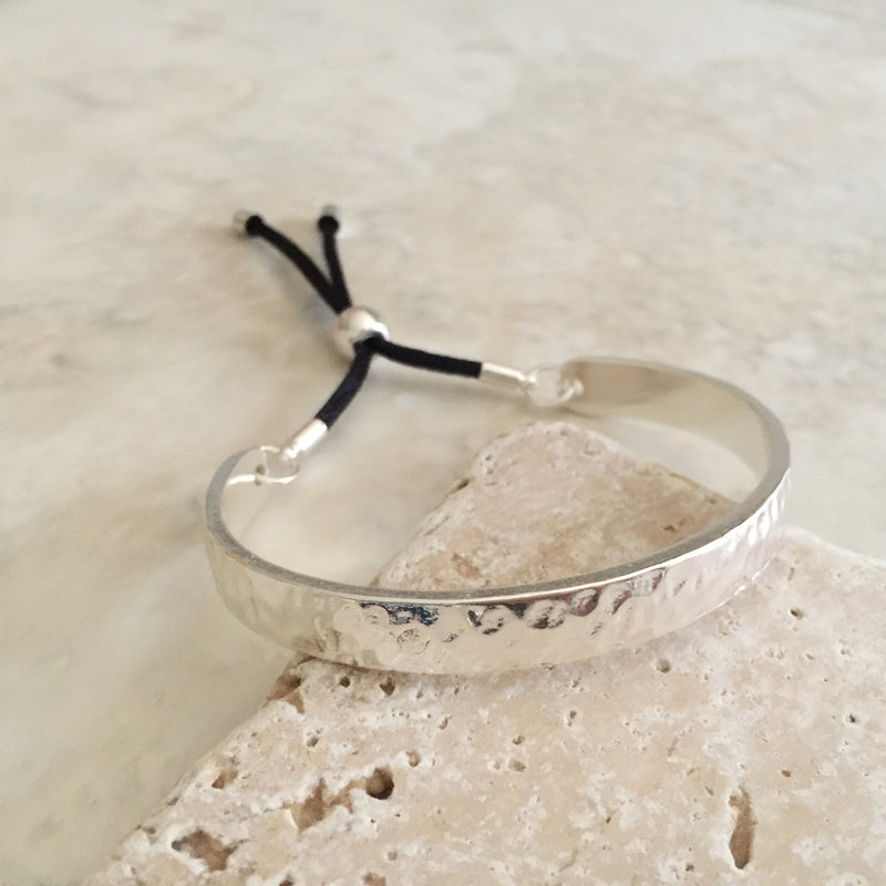 Bar and Rope Cuff Bracelet - Hammered Silver Tone Finish