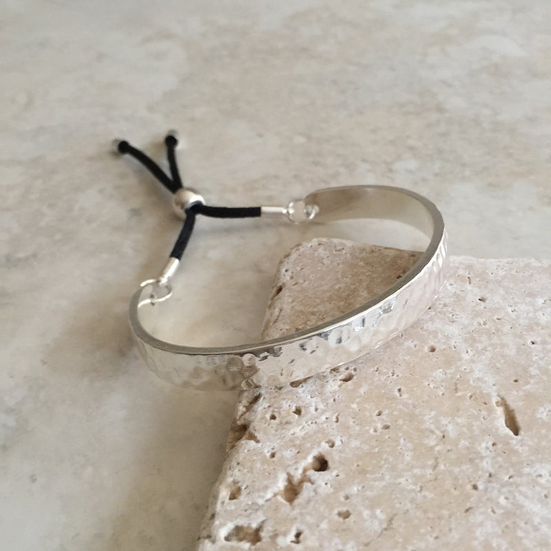 Bar and Rope Cuff Bracelet - Hammered Silver Tone Finish